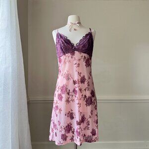 Romantic maroon slip dress featuring roses on vine print pattern